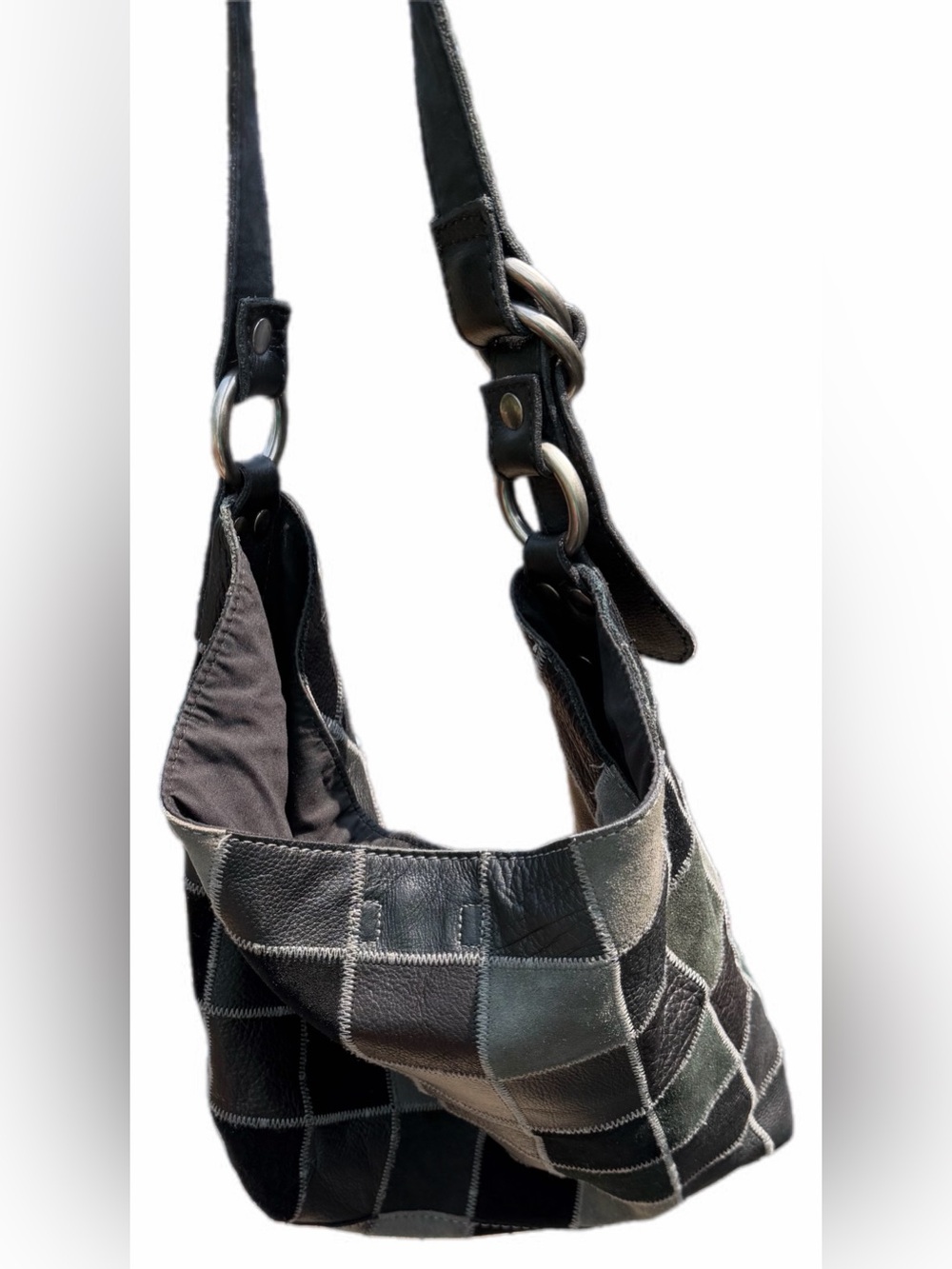 Lucky Brand Black Gray Patchwork Leather Suede Hobo Shoulder Bag Boho Y2K - Picture 7 of 13